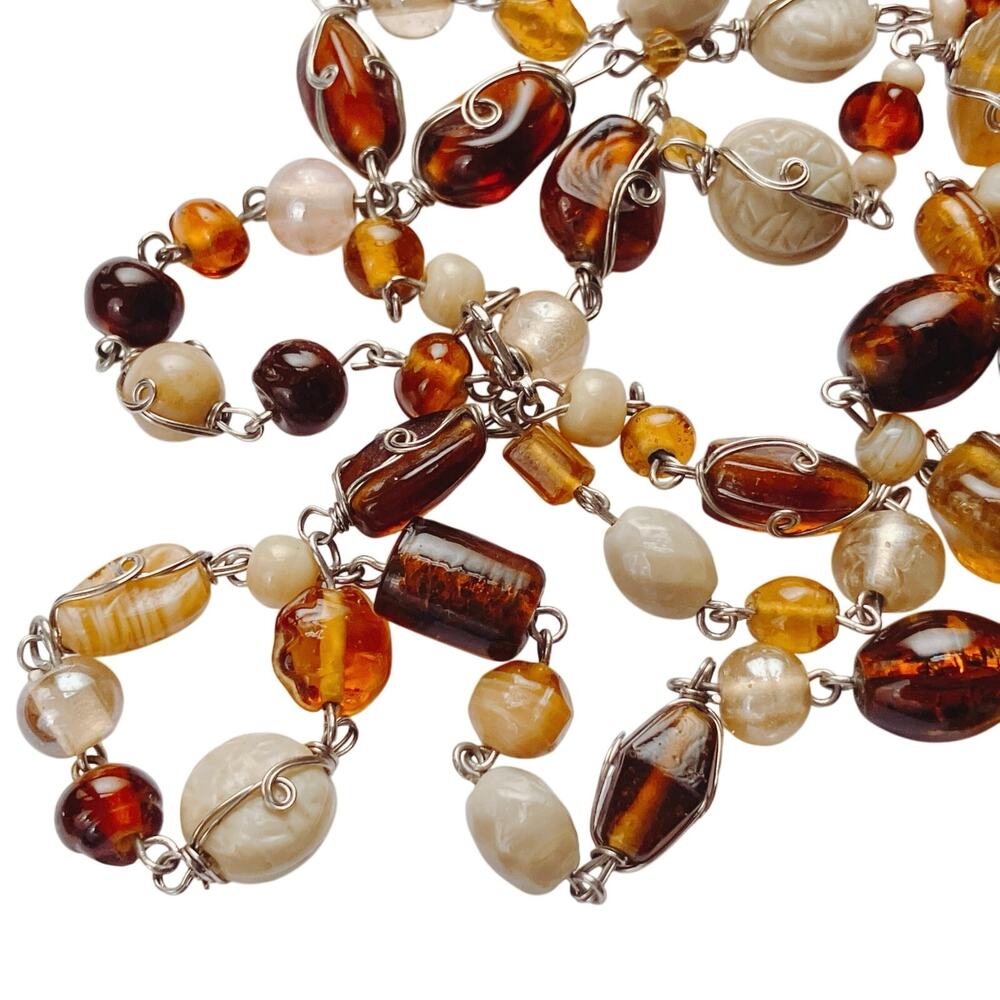 VTG 1970s Art Glass Necklace 50” Long Root Beer Tortoiseshell Boho Jewelry